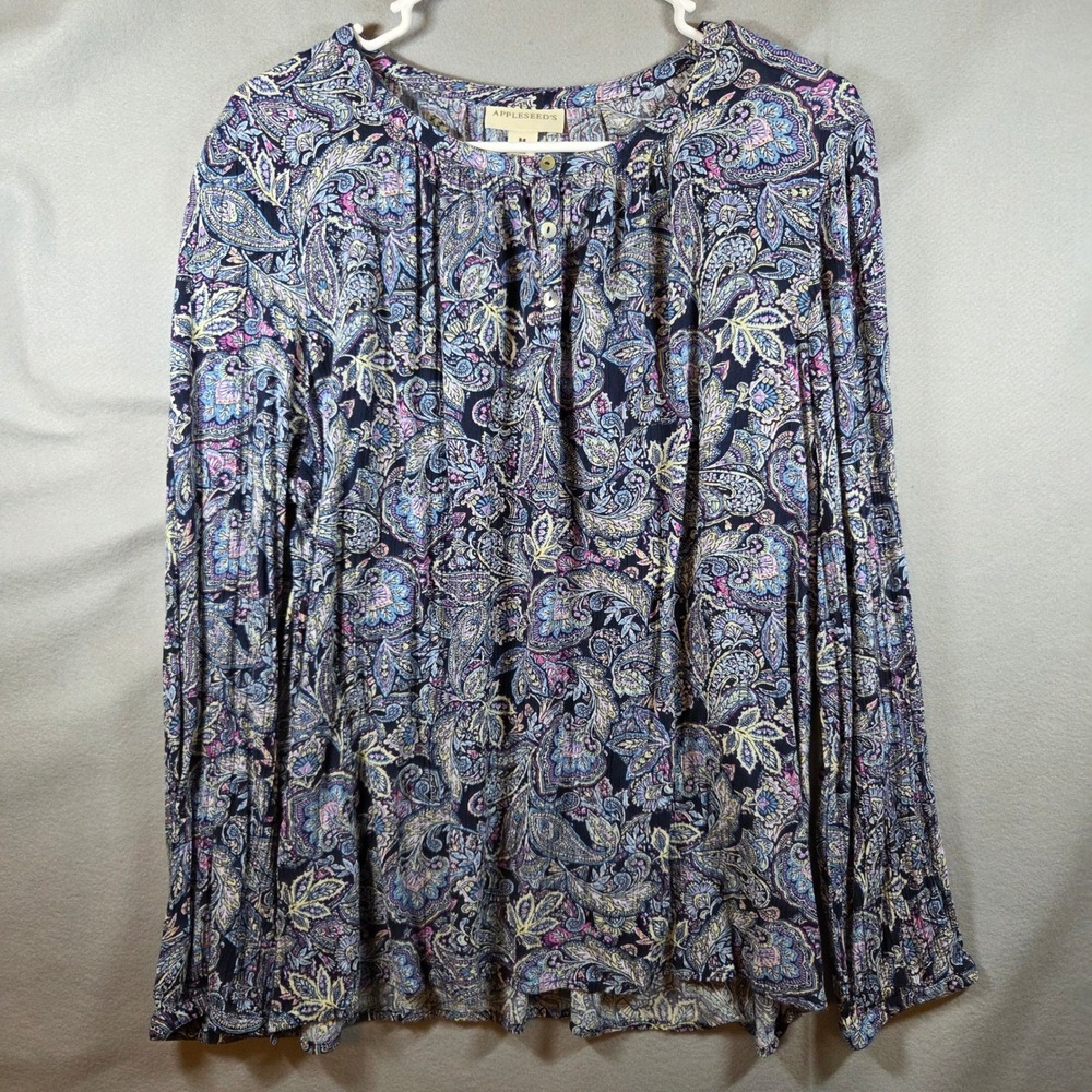 Appleseed's Womens Paisley Pleated Rayon Henley Blouse Navy Blue Pink Size M